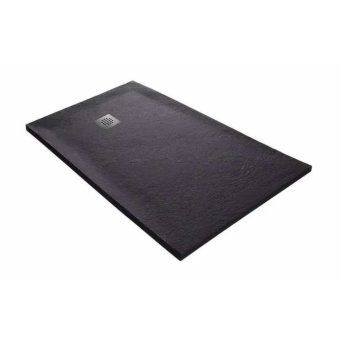 Onbath's Duschwanne 925 - L x B: 160 x 90 cm, Naturstein, Anthrazit-Schwarz - Schwarze Duschwanne in Schieferoptik mit strukturierter Oberfläche und quadratischem Metallablauf.