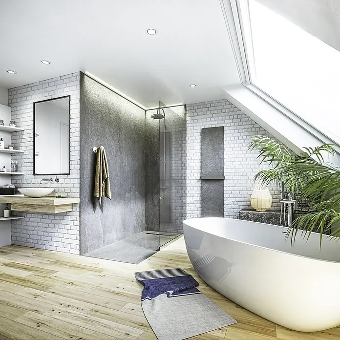 Onbath's Duschwanne 925 - L x B: 160 x 90 cm, Naturstein, Anthrazit-Schwarz - Modernes Badezimmer mit freistehender Badewanne, begehbarer Dusche, Holzfußboden und Dachfenster.