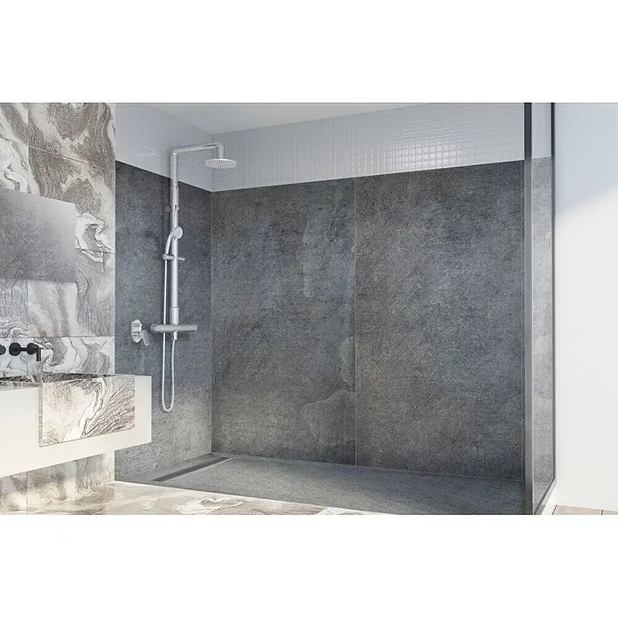 Onbath's Duschwanne 925 - L x B: 100 x 100 cm, Naturstein, Anthrazit-Schwarz - Moderne graue begehbare Dusche mit Chromarmaturen und einem Waschtisch mit weißem Marmorwaschbecken.