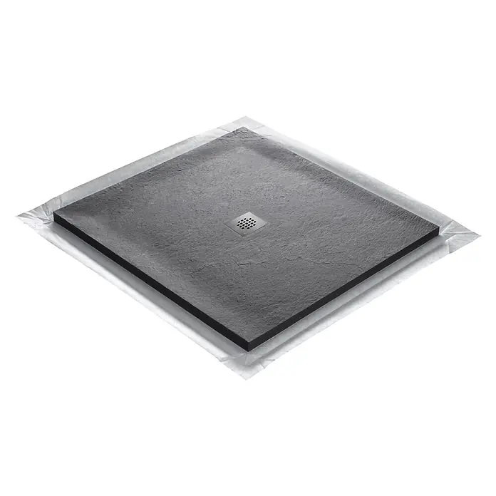 Onbath's Duschwanne 925 - L x B: 100 x 100 cm, Naturstein, Anthrazit-Schwarz - Dunkelgraue, texturierte Duschwanne mit quadratischem Mittelablauf.