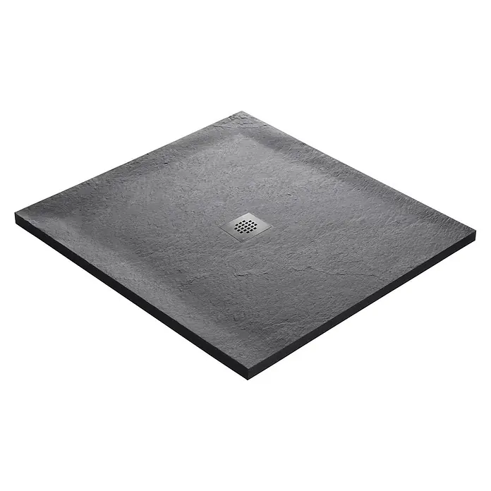 Onbath's Duschwanne 925 - L x B: 100 x 100 cm, Naturstein, Anthrazit-Schwarz - Dunkelgraue, strukturierte quadratische Duschwanne mit zentralem Metallablauf.