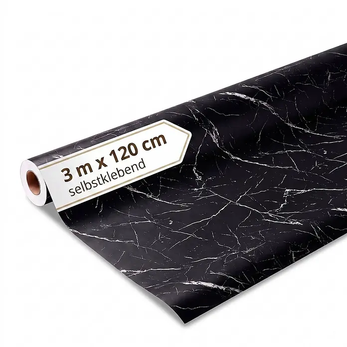 Dalsys Wandverkleidung Selbstklebend 3m Rolle x 120cm Schwarz PVC -  - Schwarze Marmor-Selbstklebefolie auf Rolle, 3m x 120cm.
