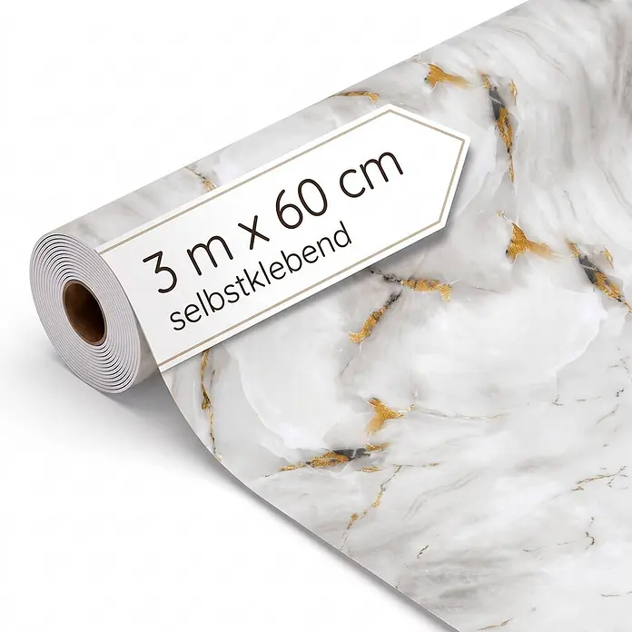 Dalsys Wandpaneel - 3.000 x 600 mm - Rolle weißer selbstklebender Marmorfolie mit Goldadern, 3 m x 60 cm.
