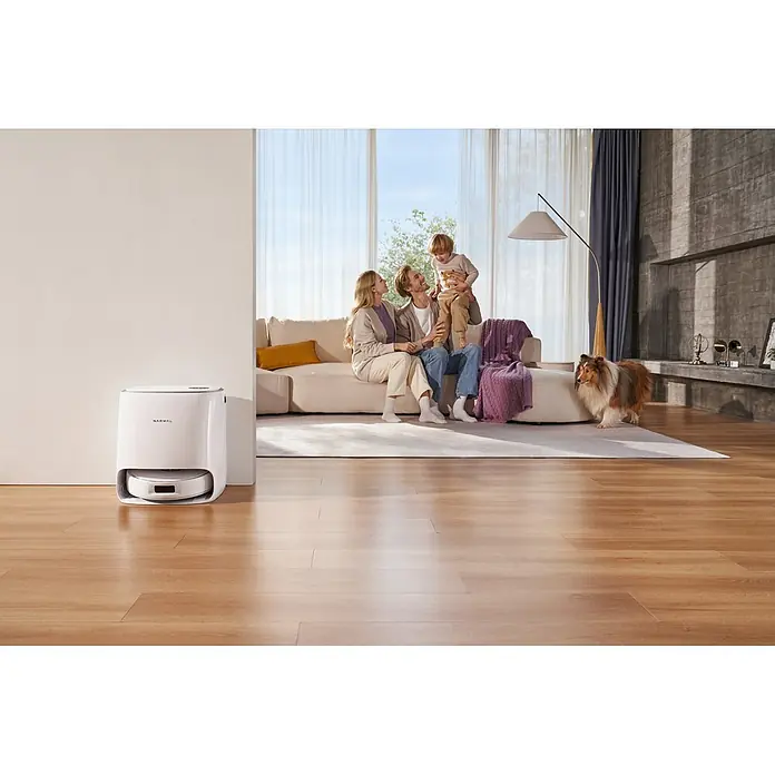 Narwal Saugwischroboter Freo X ultra Extend - Saugkraft: 8.200 Pa, Akkulaufzeit: 210 min, Fassungsvermögen Roboter: 1.000 ml - Weißer Narwal Saugroboter mit Dockingstation auf Holzfußboden in einem Wohnzimmer.