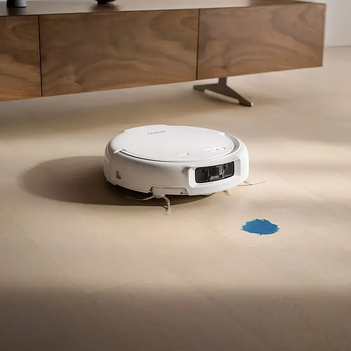 DJI Saugwischroboter S - Saugkraft: 25.000 Pa, Akkulaufzeit: 180 min, Fassungsvermögen Roboter: 260 ml - Ein weißer Roboterstaubsauger mit 'ROHO'-Logo steht auf hellem Holzboden, nahe einer blauen Pfütze und einem Holzschrank.