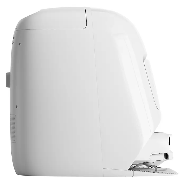 DJI Saugwischroboter S - Saugkraft: 25.000 Pa, Akkulaufzeit: 180 min, Fassungsvermögen Roboter: 260 ml - Seitenansicht eines weißen Wischroboters. Eine bewegliche Wischeinheit mit strukturierter Laufschiene fährt aus der Basis.