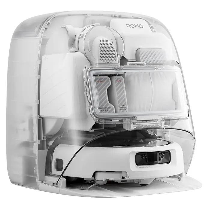 DJI ROMO P2 Clean More Combo Saugwischroboter 36.000 Pa, Wassertank -  - Weißer ROMO Saugroboter mit transparenter Hülle, die interne Komponenten wie Reinigungsflüssigkeitskartuschen und ein Hybrid-Visionssystem zeigt.