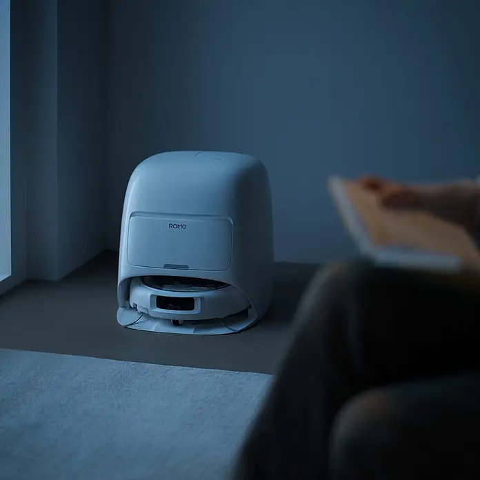 DJI Saugwischroboter A - Saugkraft: 25.000 Pa, Akkulaufzeit: 180 min, Fassungsvermögen Roboter: 260 ml - Ein weißer ROMO Saugroboter mit Absaugstation steht ruhig in einer Ecke eines gedämpft beleuchteten Wohnzimmers.