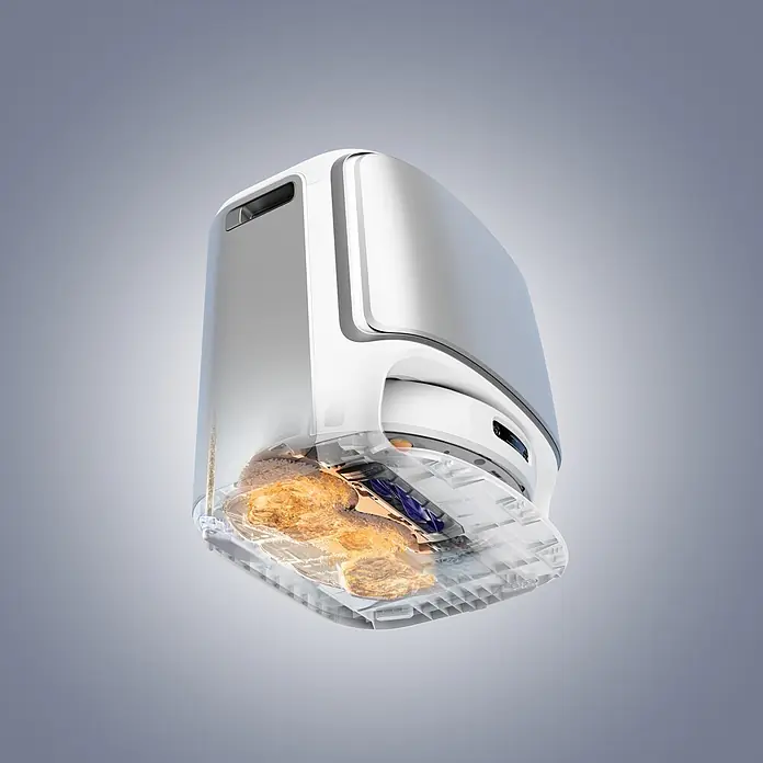 Narwal Saugwischroboter Freo Z10 ultra Extend - Saugkraft: 18.000 Pa, Akkulaufzeit: 150 min, Fassungsvermögen Roboter: 2.500 ml - Weiß-silberne Heißluftfritteuse mit transparentem Korb, die goldbraunes Essen beim Garen zeigt.