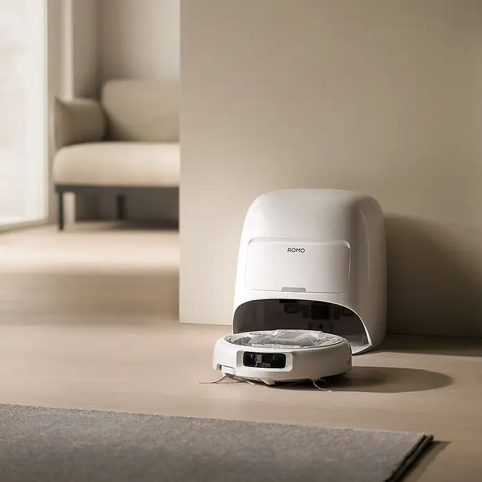 DJI Saugwischroboter A - Saugkraft: 25.000 Pa, Akkulaufzeit: 180 min, Fassungsvermögen Roboter: 260 ml - Weißer Saugroboter und seine Ladestation auf hellem Boden neben einem grauen Teppich.