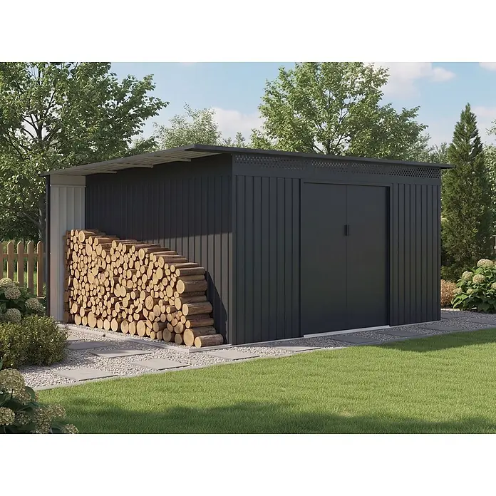 StarLine Metall Gerätehaus Berlin 11,93 m² - Außenmaß inkl. Dachüberstand (B x T): 397 x 333 cm, Metall, Anthrazit - Moderner dunkelgrauer Metall-Gartenschuppen mit integriertem offenem Holzlager, gefüllt mit gestapelten Holzscheiten.