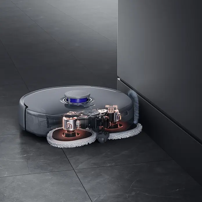 Narwal Saugwischroboter Freo Z ultra - Saugkraft: 12.000 Pa - Dunkelgrauer Saugroboter, transparente Ansicht des beleuchteten internen Doppelmopsystems.