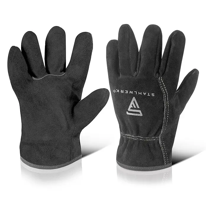 STAHLWERK Schweißerhandschuhe XL hitzebeständig aus hochwertigem Spaltleder -  - Paar schwarzer Arbeitshandschuhe aus strapazierfähigem Material, einer mit Handfläche, der andere mit Rückseite und weißem Logo.