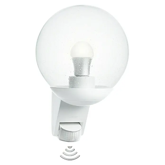 Steinel Aplique exterior con sensor L 585 - 60 W, 22,8 x 21,5 x 30,7 cm, Blanco, IP44 - Una lámpara de exterior blanca moderna con sensor de movimiento y una cubierta redonda transparente. Ideal para la entrada o el patio.