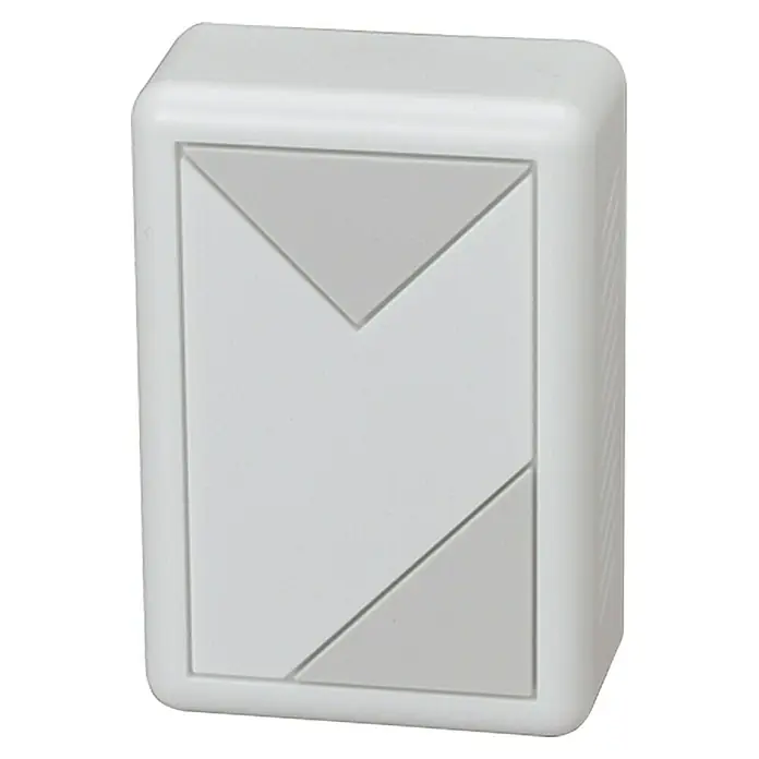 Heidemann 2-Klang-Gong Prisma - 38 x 80 x 118 mm, 82 dB, Weiß, Grau, Kunststoff - Nahaufnahme eines weißen, rechteckigen Diffusors mit einem geometrischen grauen Muster auf der Vorderseite.