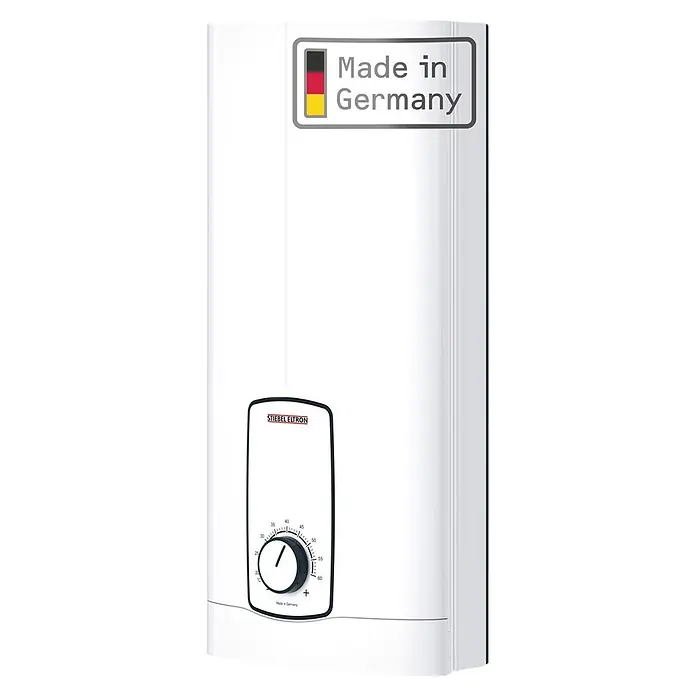 Stiebel Eltron Durchlauferhitzer DHB 18/21/24 ST Trend - 18/21/24 kW, Elektronisch, Druckfest - Weißer Stiebel Eltron Elektro-Warmwasserspeicher mit Temperaturregler und „Made in Germany“-Etikett.