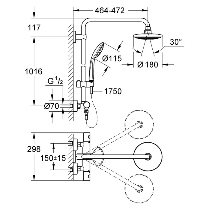 Grohe Tempesta Duschsystem - Mit Thermostatarmatur, Lochabstand: 101,6 cm, Anzahl Strahlarten: 2 Stk., Chrom - Abbildung einer Duscharmatur mit Maßangaben, die die Installation und Designmerkmale des Produkts hervorheben.