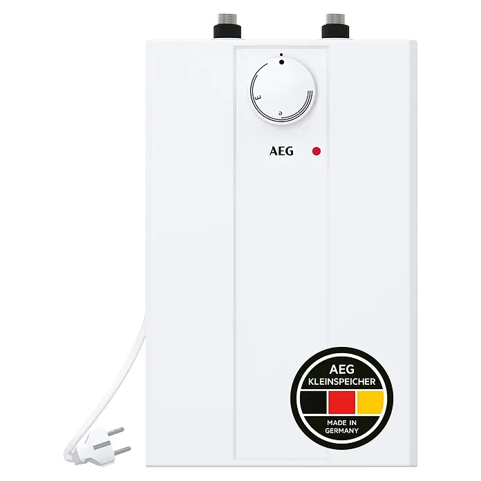 AEG Warmwasserspeicher Huz 5 Basis - 5 l, 2.000 W, Temperaturbereich: 35 °C - 85 °C, Untertischmontage - Weißer AEG Kleinspeicher mit Drehregler, Kontrollleuchte, Deutschland-Flagge und Netzstecker.