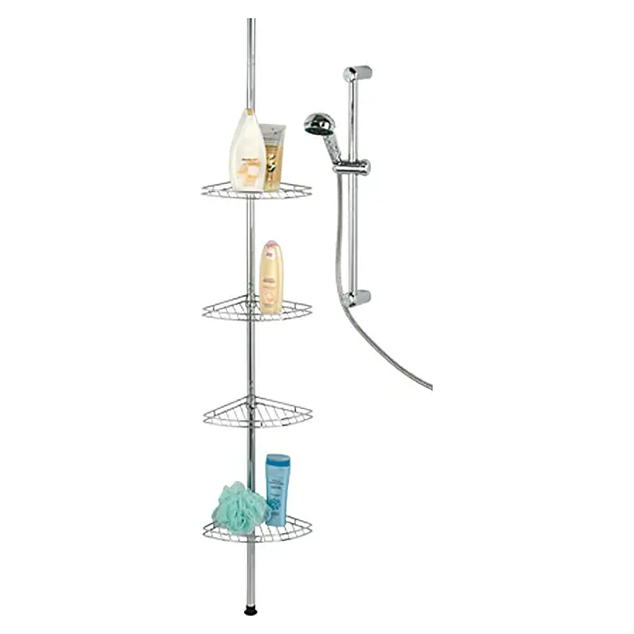 Wenko Teleskop-Eckregal Prea - Höhenverstellung: 56 cm - 275 cm, 4 Ablagen, Edelstahl - Chromfarbenes Eckregal mit vier Ablageflächen für Badezimmerutensilien und Duschkopf. Praktische Lösung für mehr Stauraum in der Dusche.