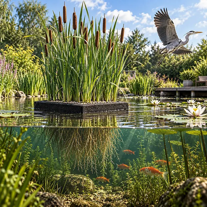 Pflanzeninsel Rohrkolben - 4 Teichpflanzen mit Zubehör - Typha latifolia -  - Schwarze quadratische schwimmende Pflanzeninsel mit Rohrkolben im Teich, Wurzeln unter Wasser sichtbar.