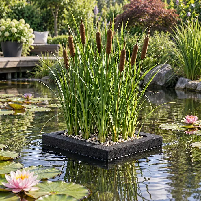 Pflanzeninsel Rohrkolben - 4 Teichpflanzen mit Zubehör - Typha latifolia -  - Schwarzer rechteckiger Schwimmkübel mit Rohrkolben und Steinen in einem Gartenteich mit Seerosen.