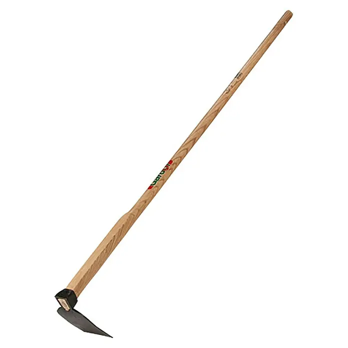 Gardol Kleinhacke - Arbeitsbreite: 10 cm, Langstiel - Abbildung einer Gartenhacke mit Holzgriff und schwarzem Metallblatt, die sich ideal für Gartenarbeiten eignet.