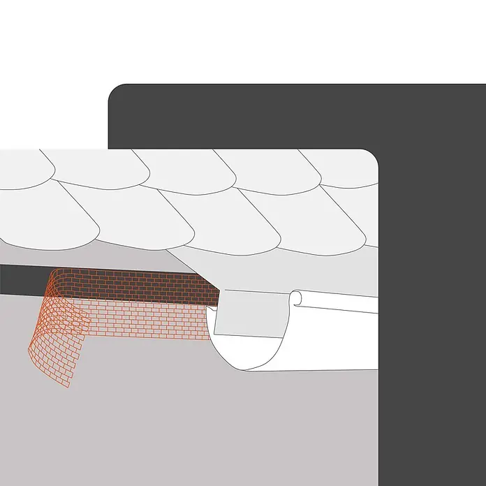 BMSC24 Fassaden-Profil - Kunststoff - Detaillierte Ansicht eines Dachrands, Regenrinne und eines flexiblen, ziegelgemusterten Anschlussmaterials an einer Ziegelwand.