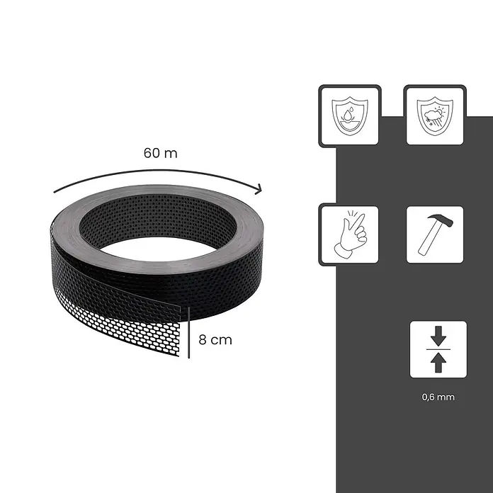 BMSC24 Fassaden-Profil - Aluminium - Schwarzes perforiertes Gitterband, 60 m lang, 8 cm breit, witterungsbeständig und einfach zu montieren. Dicke 0,6 mm.