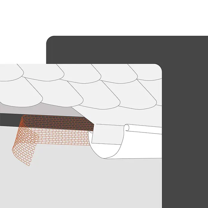 BMSC24 Fassaden-Profil - Aluminium - Dachkante mit grauen Schindeln, weißer Dachrinne und Ziegelwand mit orangefarbenem Ziegelmuster-Netz.