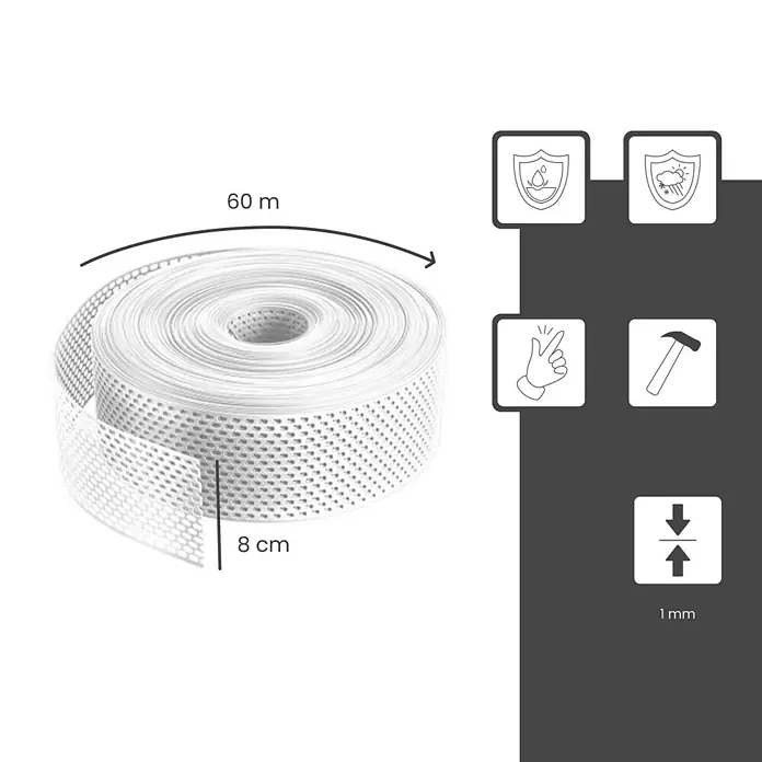 BMSC24 Fassaden-Profil - Kunststoff - Weiße perforierte Gewebebandrolle, 60m lang, 8cm breit, 1mm dick. Wasserfest, witterungsbeständig, installierbar mit Hammer.
