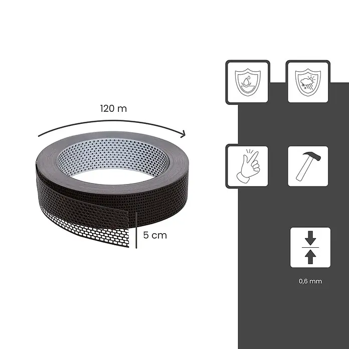 BMSC24 Fassaden-Profil - Aluminium - Dunkles perforiertes Klebeband auf Rolle, 120m lang, 5cm breit, 0,6mm dick. Wetter- und wasserbeständig.