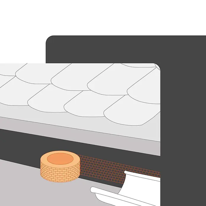BMSC24 Fassaden-Profil - Aluminium - Illustration eines Hausäußeren mit grauem Schindeldach, Ziegelwand, rundem Ziegelkübel und weißer Dachrinne.