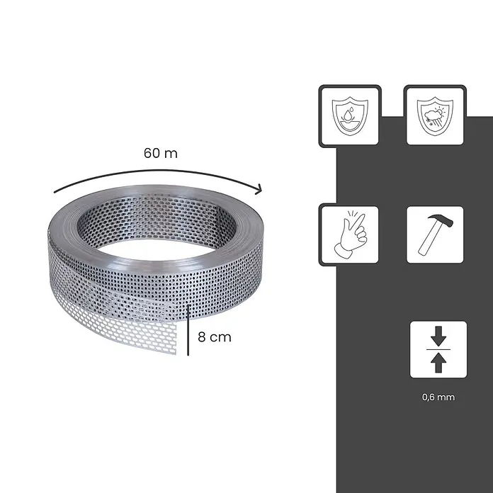BMSC24 Fassaden-Profil - Aluminium - Silbernes perforiertes Metallband in einer Rolle, 60 m lang, 8 cm breit und 0,6 mm dick.