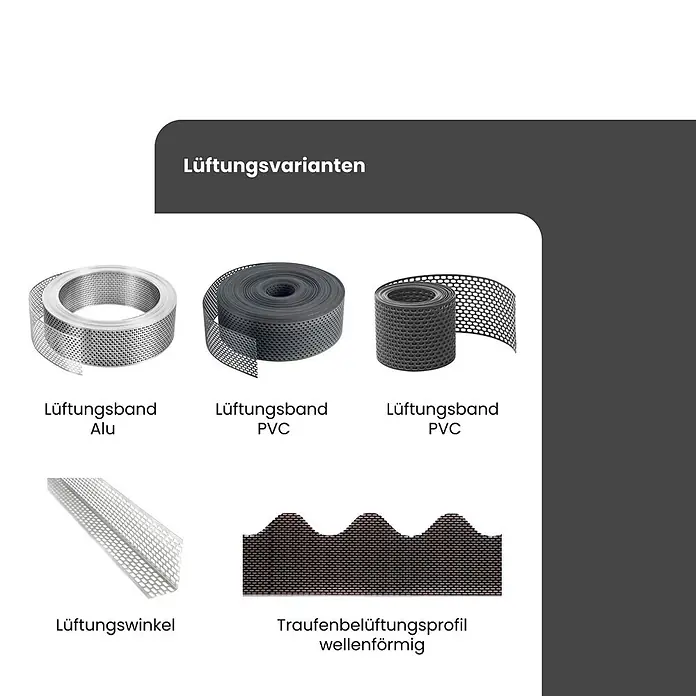 BMSC24 Fassaden-Profil - Kunststoff - Verschiedene perforierte Lüftungsbänder aus Alu und PVC, ein Lüftungswinkel und ein wellenförmiges Traufenbelüftungsprofil.
