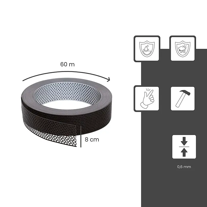 BMSC24 Fassaden-Profil - Aluminium - Schwarzes perforiertes Band, Rolle 60m x 8cm, 0,6mm dick. Wasser- und witterungsbeständig, einfach zu installieren.