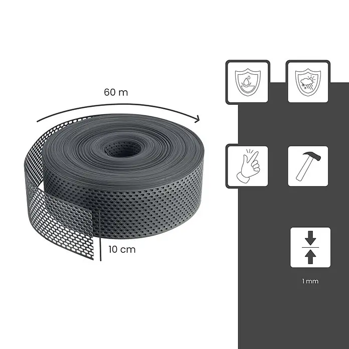 BMSC24 Fassaden-Profil - Kunststoff - Dunkelgraues perforiertes Gitterband, 60m lang, 10cm breit, 1mm dick. Wasser- und wetterfest, einfach zu montieren.