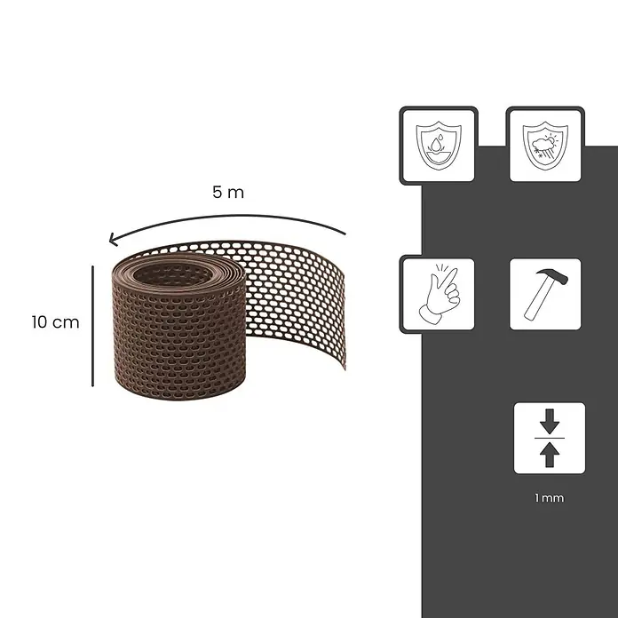 BMSC24 Fassaden-Profil - Kunststoff - Braune, perforierte Gitterrolle, 10 cm hoch und 5 m lang, wetterfest und einfach zu handhaben, 1 mm dick.