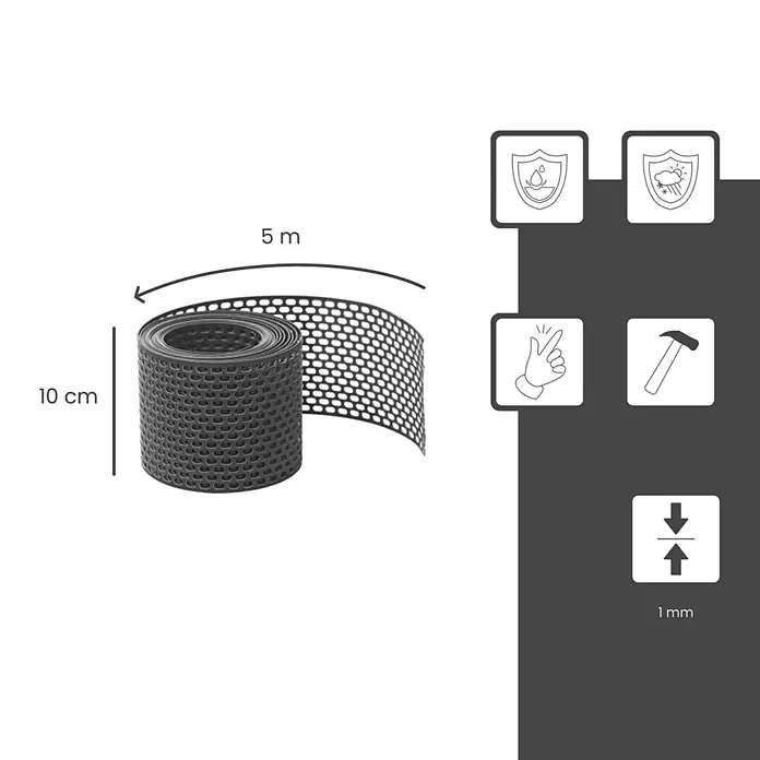 BMSC24 Fassaden-Profil - Kunststoff - Schwarzes perforiertes Kunststoffband, 10 cm breit, 5 m lang, 1 mm dick, wasserdicht und wetterfest für einfache Montage.
