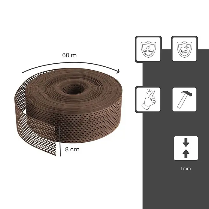 BMSC24 Fassaden-Profil - Kunststoff - Eine Rolle braunes perforiertes Netzband, 60m lang und 8cm breit, wasserdicht, wetterfest und 1mm dick.