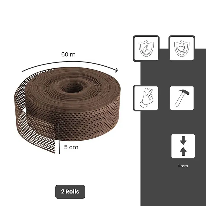 BMSC24 Fassaden-Profil - Kunststoff - Zwei Rollen braunes, perforiertes Lüftungsband. Jede Rolle ist 60 m lang, 5 cm breit und 1 mm dick, wasserdicht und wetterfest.