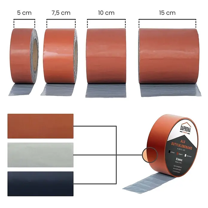 Daprona Dichtungsband - Kunststoff - Aluminium-Butyl-Dichtband in Ziegelrot, Grau und Schwarz, erhältlich in verschiedenen Breiten.