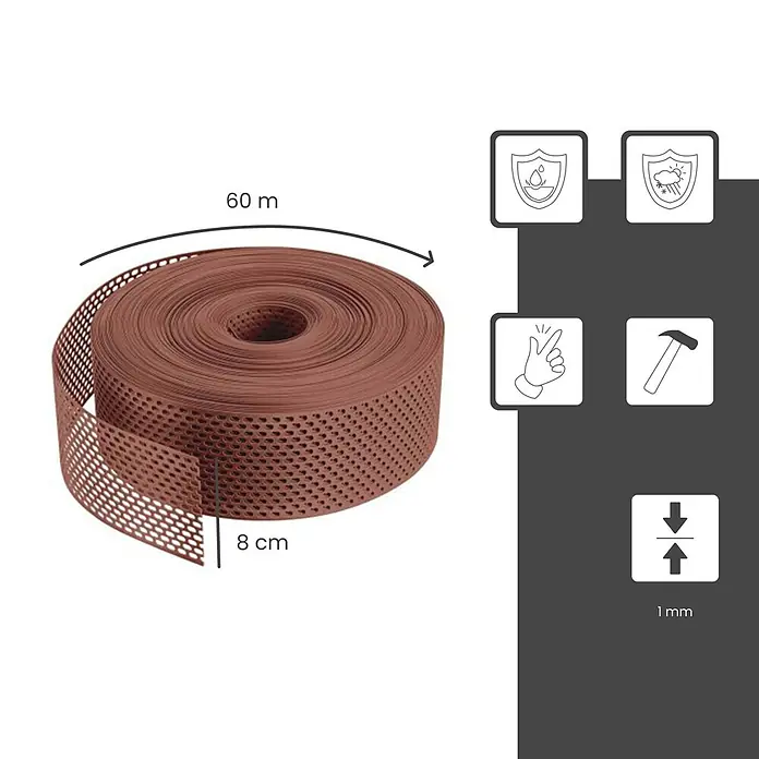 BMSC24 Fassaden-Profil - Kunststoff - Braunes perforiertes Kunststoffband, aufgerollt, 60m lang und 8cm breit, wasserdicht und wetterfest, mit 1mm Dicke.