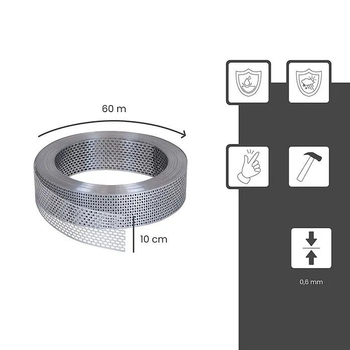 BMSC24 Fassaden-Profil - Aluminium - Silbernes gelochtes Metallband auf Rolle, 60m x 10cm x 0.6mm, wasserdicht und wetterfest.