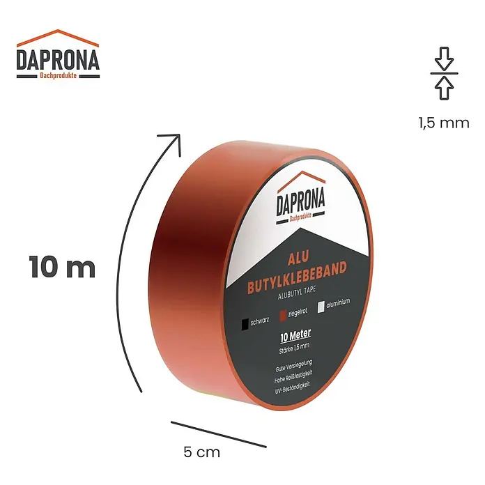 Daprona Dichtungsband - Kunststoff - DAPRONA ziegelrotes Alubutylband, 10m lang, 5cm breit, 1,5mm dick, für gute Abdichtung, hohe Reißfestigkeit und UV-Beständigkeit.