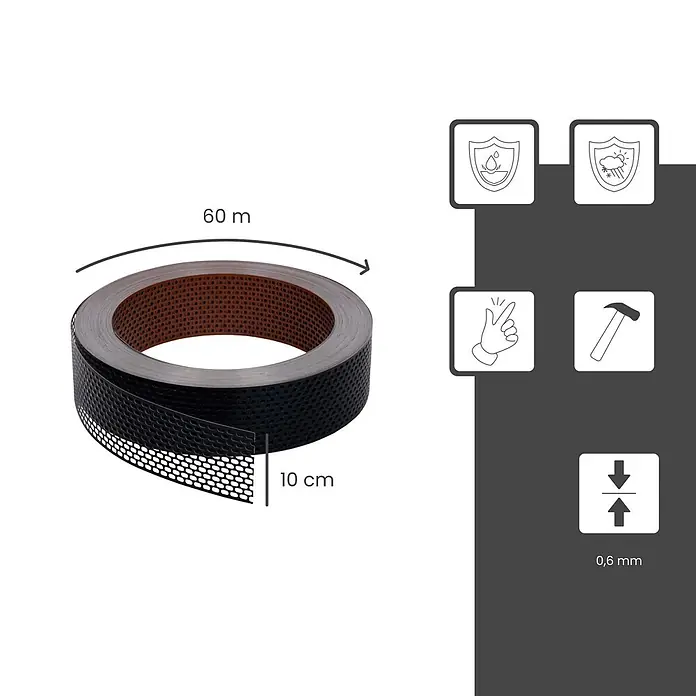 BMSC24 Fassaden-Profil - Aluminium - Schwarzes perforiertes Band auf Rolle, 60m lang, 10cm breit, 0,6mm dick. Wetter- und wasserbeständiges Schutzgitter.