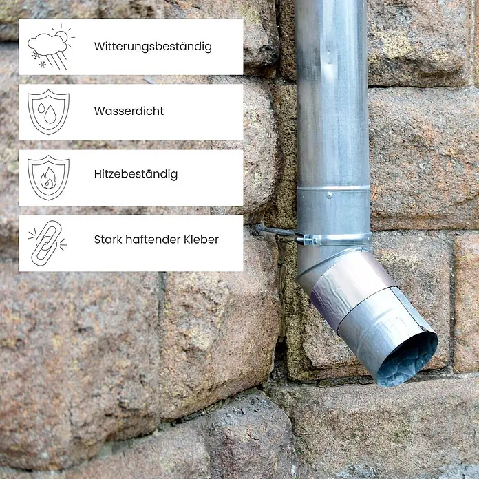 Daprona Dichtungsband - Kunststoff - Silbernes Klebeband an einem Fallrohr, wetterfest, wasserdicht, hitzebeständig und stark haftend.