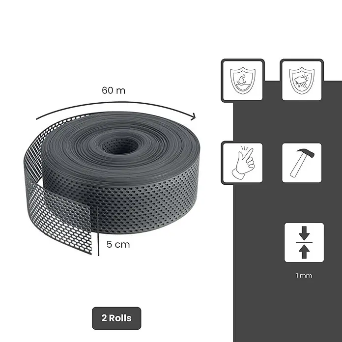 BMSC24 Fassaden-Profil - Kunststoff - Zwei dunkelgraue Rollen gelochtes Dichtband, 60m lang, 5cm breit, 1mm dick, wasserdicht und witterungsbeständig.
