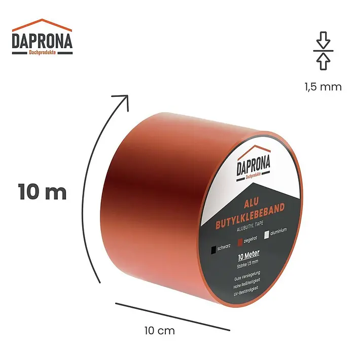 Daprona Dichtungsband - Kunststoff - Ziegelrotes DAPRONS Alu Butylklebeband, 10m lang, 10cm breit, 1,5mm dick, zum Abdichten.
