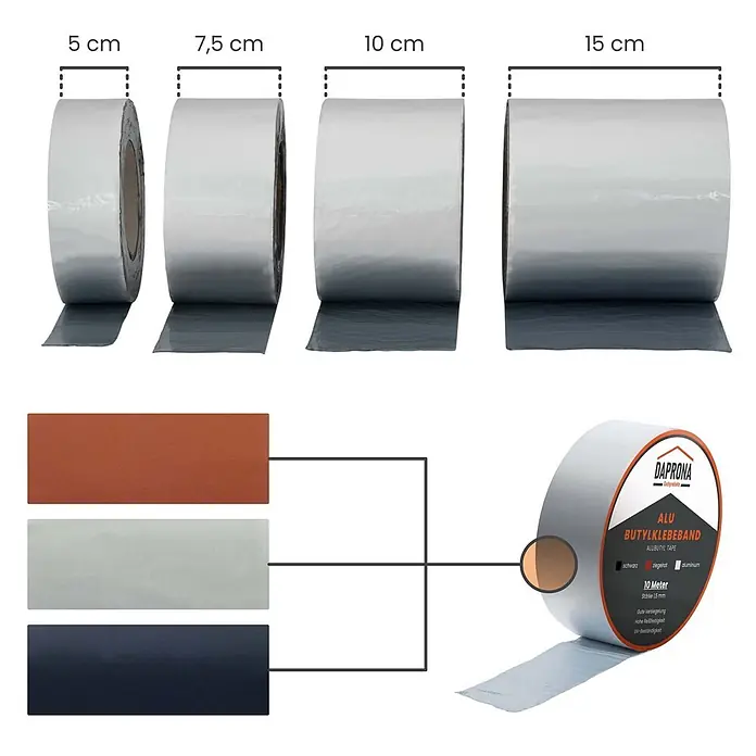 Daprona Dichtungsband - Kunststoff - Silbernes Alu-Butylband in 5, 7,5, 10, 15 cm Breiten. Schwarz, Ziegelrot und Aluminium als Oberflächenfarben erhältlich.