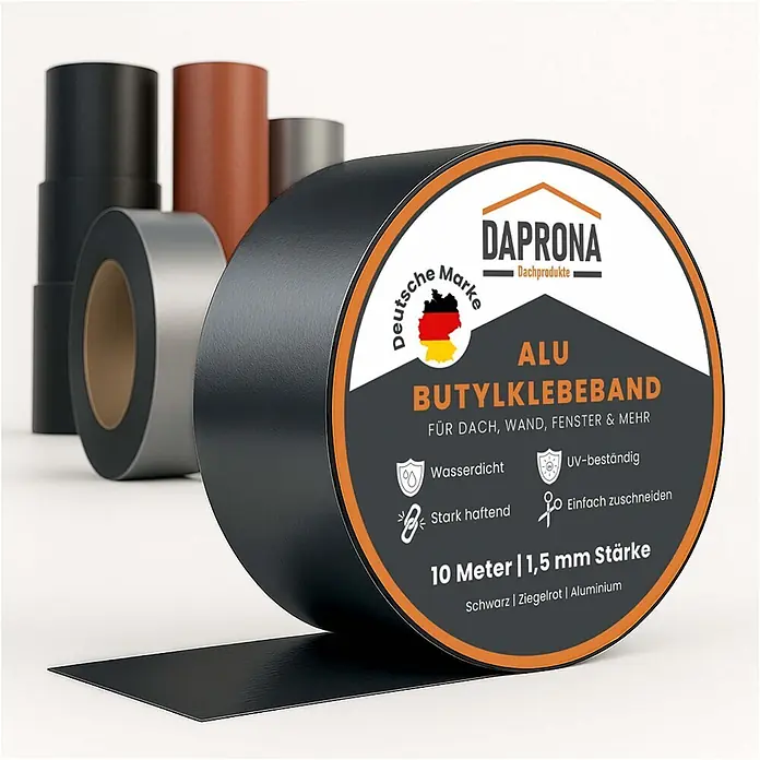 Daprona Dichtungsband - Kunststoff - Schwarze Rolle DAPRONA Aluminium Butylklebeband, 10m lang, 1,5mm dick, zum Abdichten von Dächern, Wänden und Fenstern.